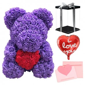 Purple Rose Teddy Bear with Red Heart Flower Bear with Balloon, Greeting Card & Gift Box for Mothers Day, Valentines Day, Anniversary, Weddings & Birthday