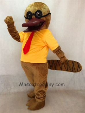 Cartoon Platypus with Glasses Mascot Costume in Yellow T-shirt