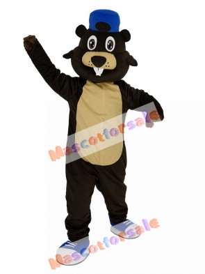 Brown Beaver with Blue Hat Mascot Costume