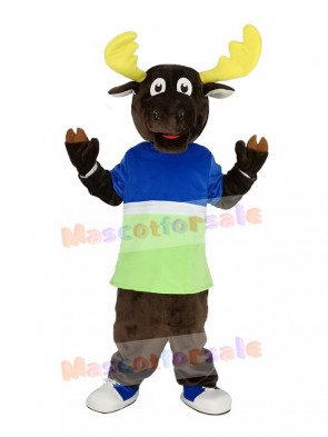 Brown Moose in Blue and Green T-shirt Mascot Costume