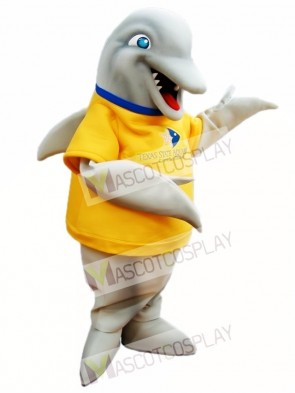 Grey Dolphin with Yellow Shirt Mascot Costumes