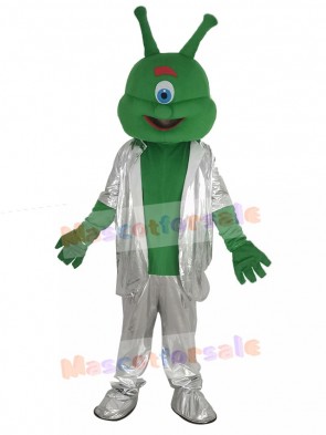 Green Alien in Silver Suit Mascot Costume