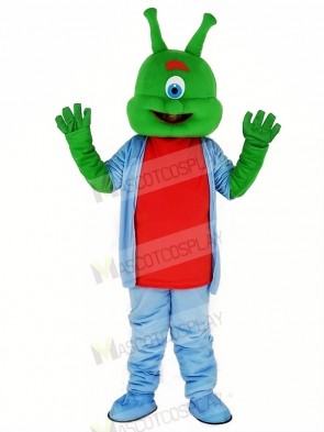 Green Alien with Blue Coat Mascot Costume Cartoon	