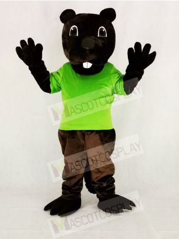 Funny Brown Barney Beaver with Green T-shirt Mascot Costume