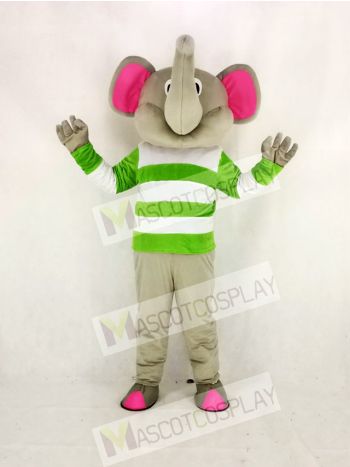 Gray Elephant with Green and White Cloth Mascot Costume Cartoon	