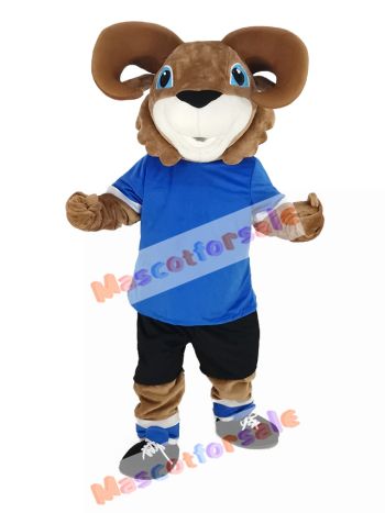 Brown Ram with Blue T-shirt Mascot Costume Animal