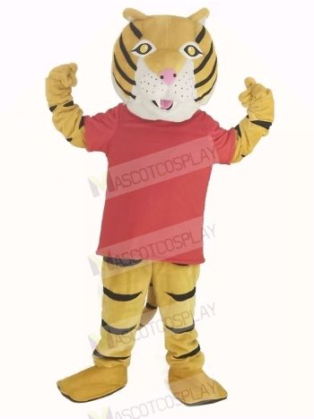 Happy Tiger in Red T-shirt Mascot Costume