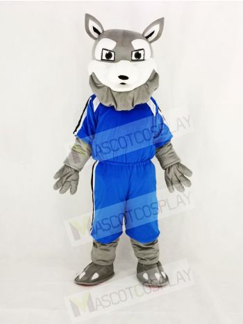 Power Gray Husky Dog with Blue T-shirt Mascot Costume Cartoon
