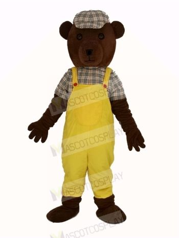 Teddy Bear in Yellow Overalls Mascot Costume Cartoon