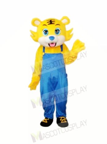 Yellow Tiger in Blue Overall Mascot Adult Costume Free Shipping 