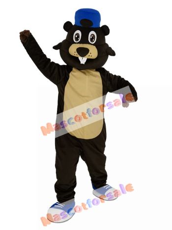 Brown Beaver with Blue Hat Mascot Costume