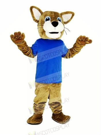 Brown Wildcat with Blue T-shirt Mascot Costume Animal