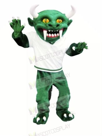 Green Devil with Long Teeth Mascot Costume Cartoon