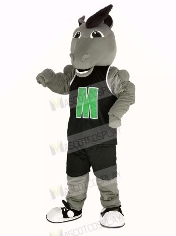 Grey Mustang Horse in Black Sportswear Mascot Costume