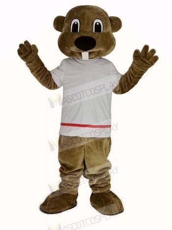 Alex the Beaver in White T-shirt Mascot Costume Animal