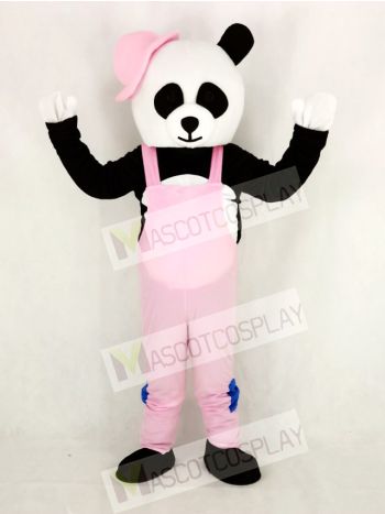 Panda with Pink Overalls and Hat Mascot Costume Cartoon