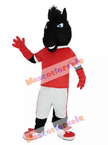 Black Horse in Red Jersey Mascot Costume Animal