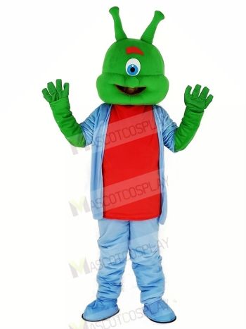 Green Alien with Blue Coat Mascot Costume Cartoon	