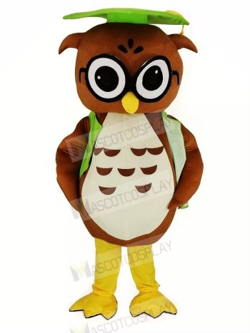 Brown Owl with Green Graduation Cap Mascot Costume Animal