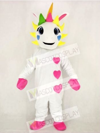 Realistic White Unicorn with Hearts and Colorful Horn Mascot Costume Cartoon