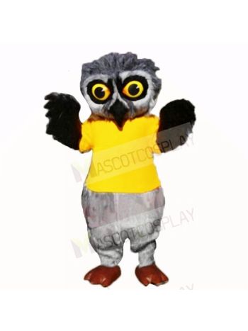 Grey Furry Owl with Yellow Shirt Mascot Costumes School