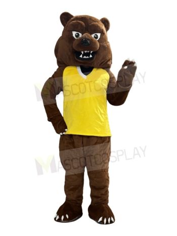 Grizzly Bear in Yellow Vest Mascot Costume Animal
