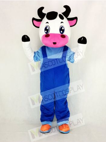 Cute Cow with Blue Overalls Mascot Costume Cartoon
