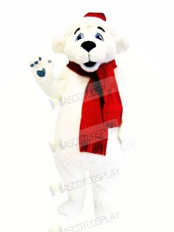 White Bear with Red Scarf Mascot Costumes Cartoon